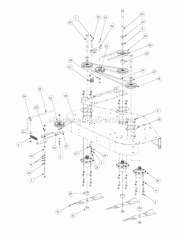 Fabricated Deck Spindle Assembly Diagram and Parts List for M48-KW 53CB5DAV750-19-HP-OHV Cub Cadet Lawn Tractor